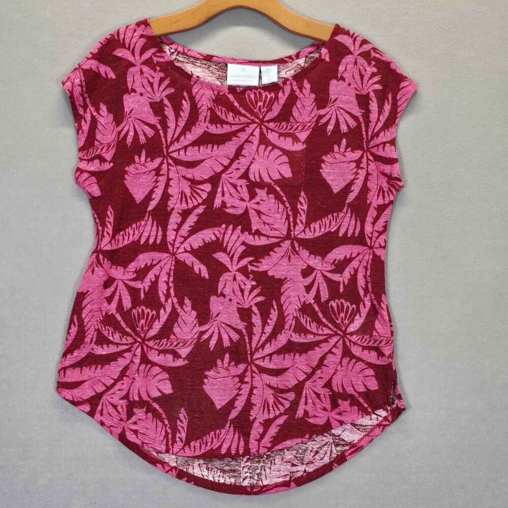 Cynthia Rowley Wine Pink Linen Blouse Top Pink Palm Print Size Small
